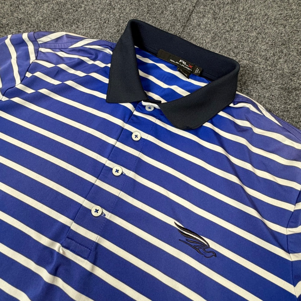 RLX Ralph Lauren Mens Blue White Striped Performance Polo Shirt Golf Club Large